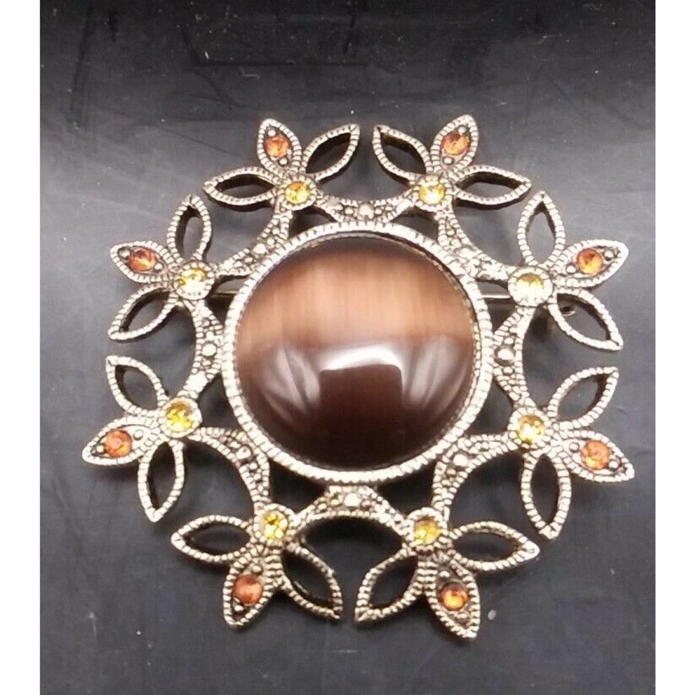 Vintage Silver Metal Multi Color Gems Tigers Eye Center Oval Pendant Brooch